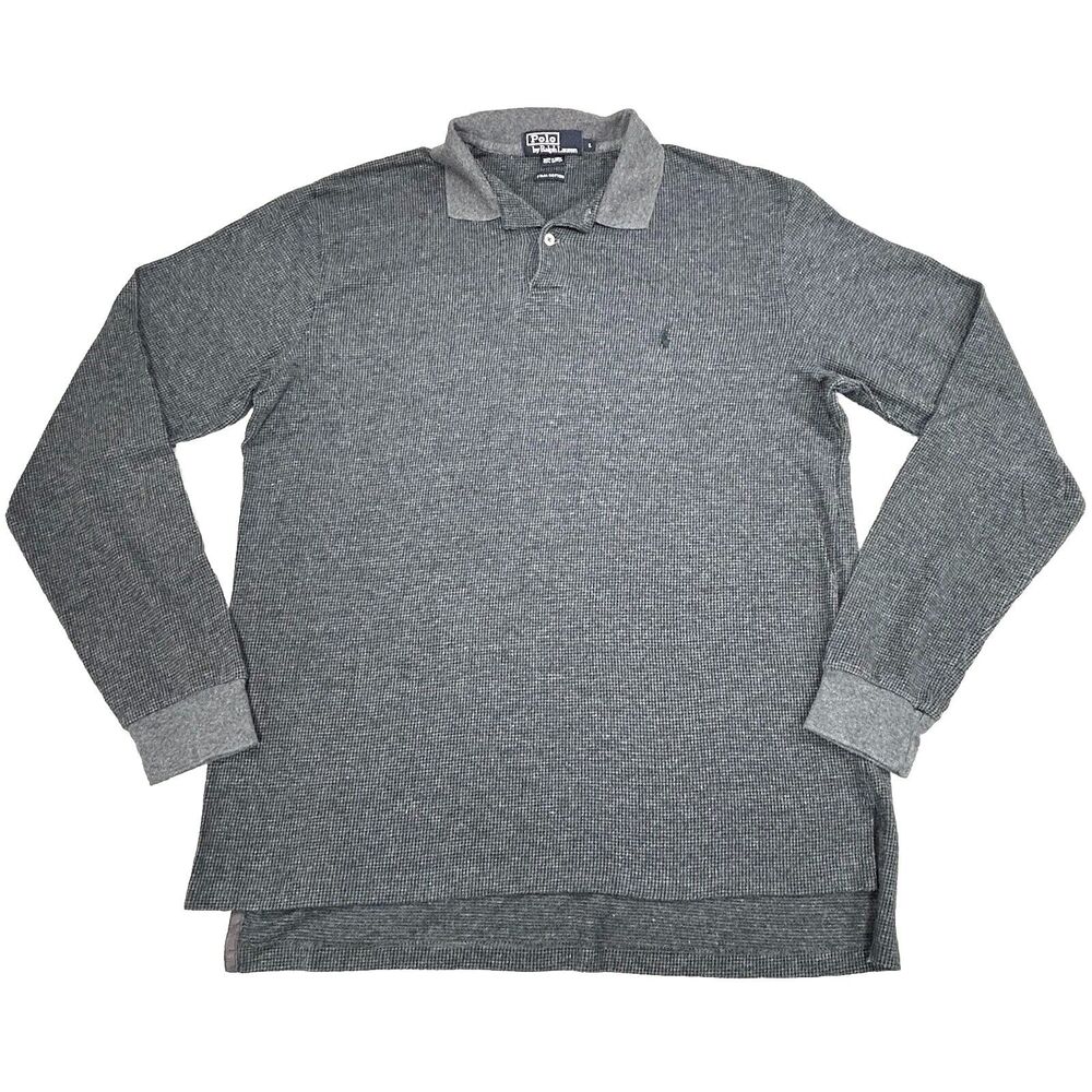 Polo Ralph Lauren Shirt Men L Gray Black Houndstooth Pima Cotton Long Sleeve 90s